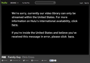 Error shown on Hulu when trying to Stream video from outside US